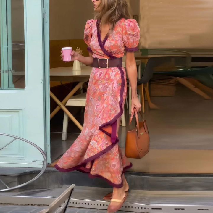 Caroline | Elegant Pink Maxi Dress with Short Sleeves