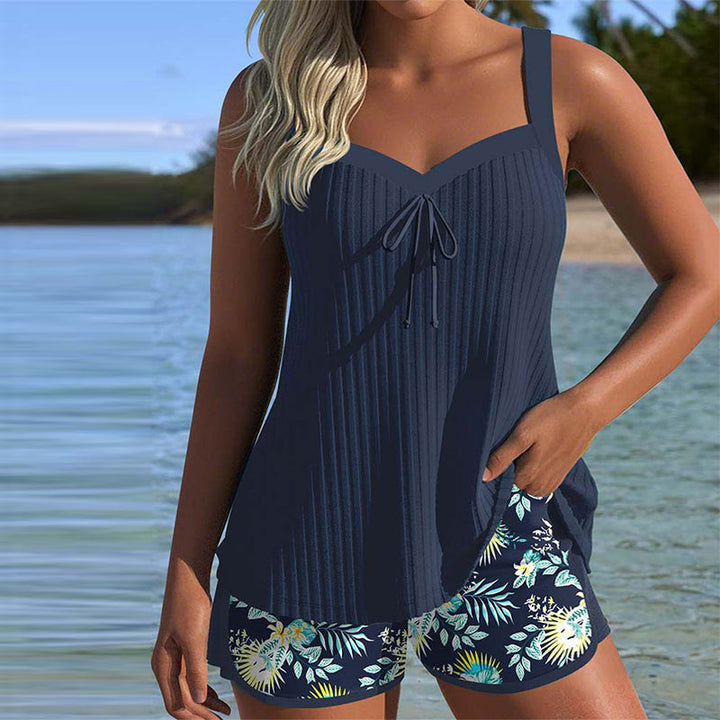 Alicia | Striped Tankini with Two-Piece Beach Shorts