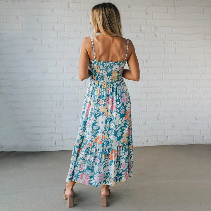 Stella | Floral Maxi Dress Smocked Bodice Adjustable Straps